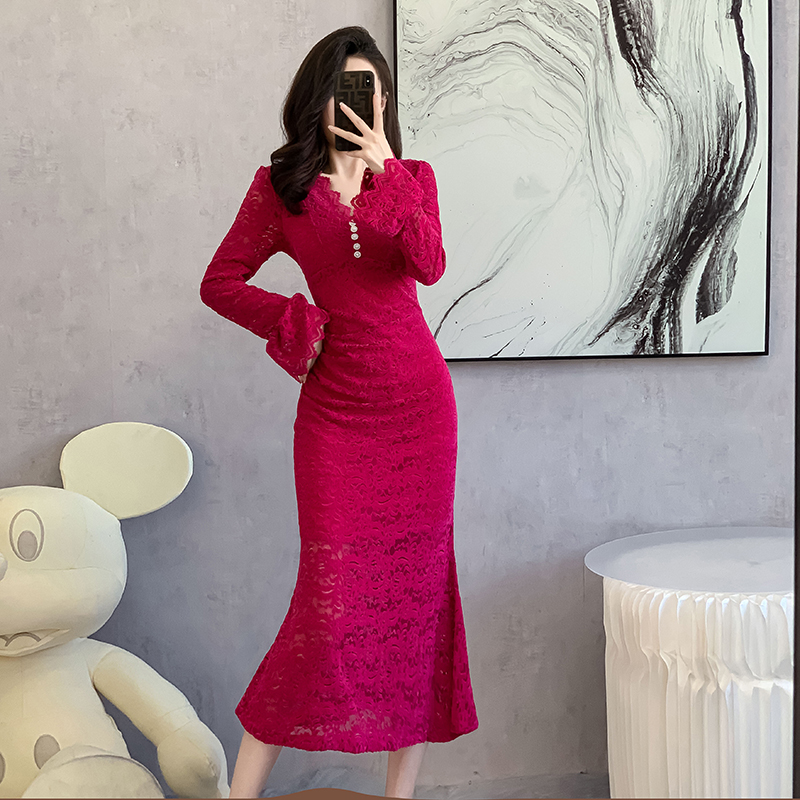 New High-End V-Neck Long-Sleeve Lace Dress Cutout Slim High-Waist Flattering Long Dress