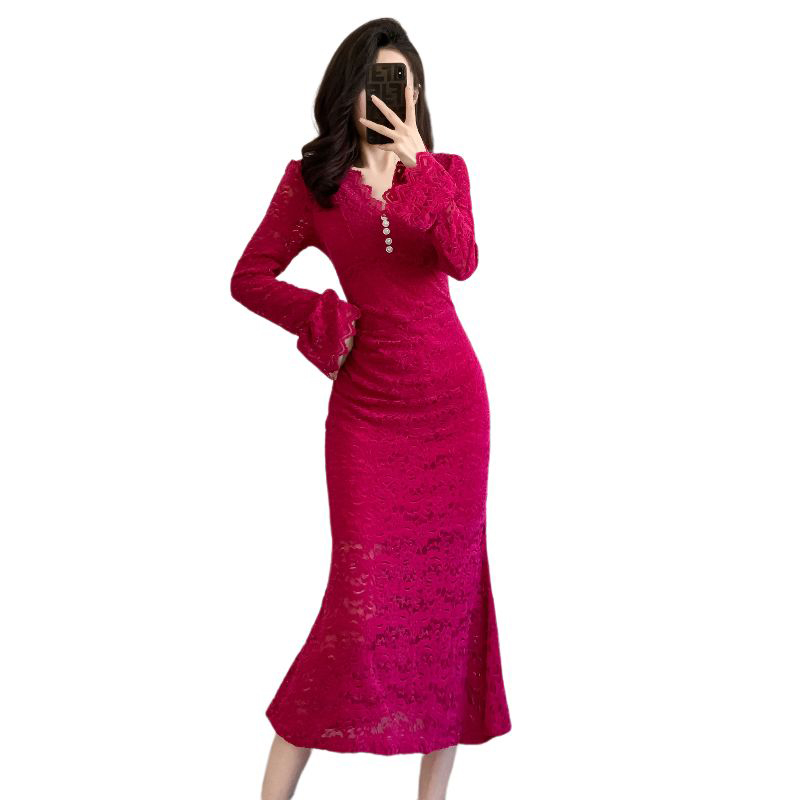 New High-End V-Neck Long-Sleeve Lace Dress Cutout Slim High-Waist Flattering Long Dress - Image 5