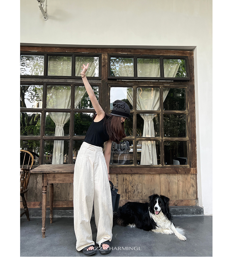 Two-Tone Linen Wide-Leg Straight Pants Classic Versatile