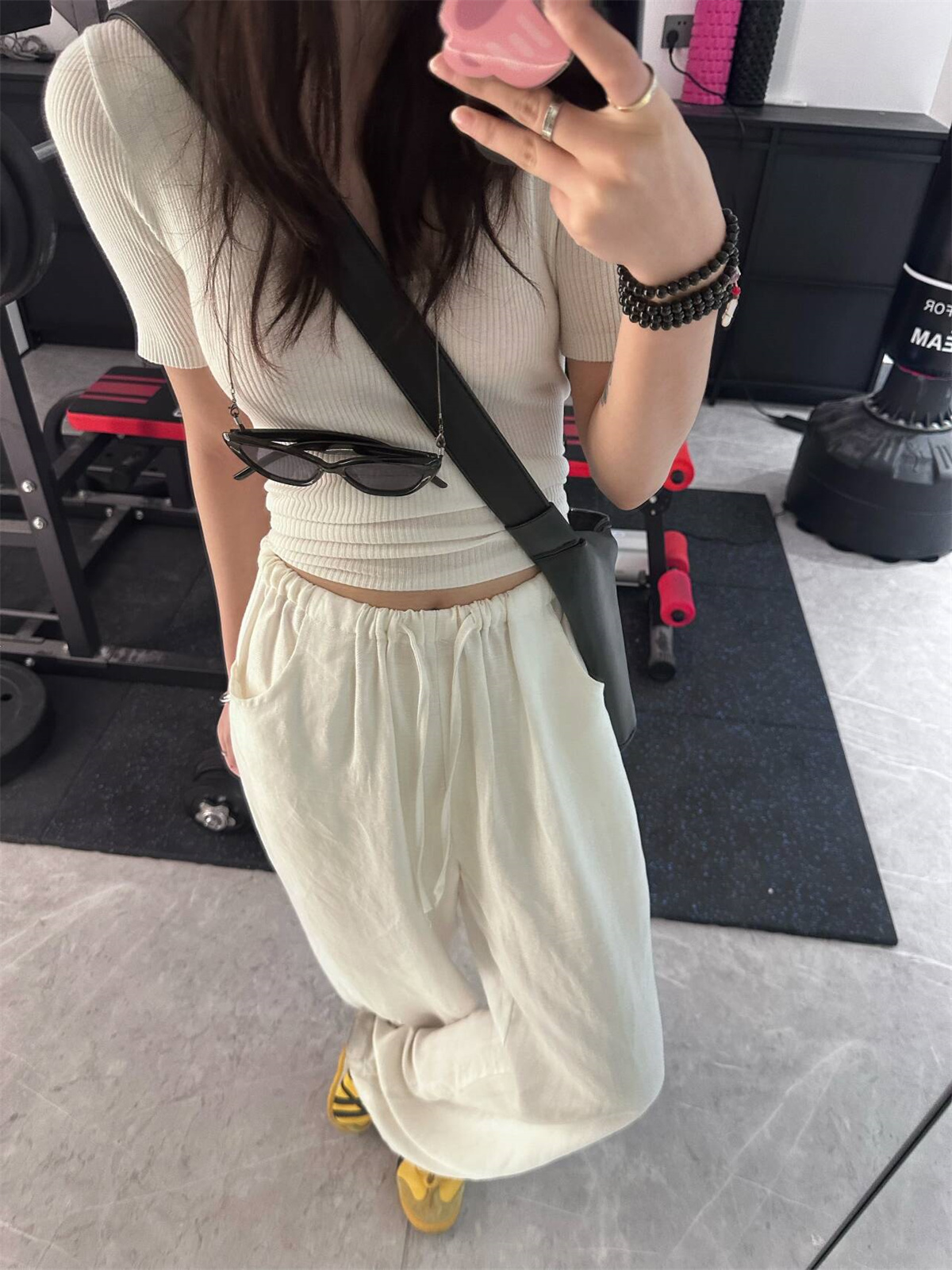 Dark Herringbone Tencel Linen Lightweight Breathable Straight Leg Pants Slimming Fit with Nude Leggings