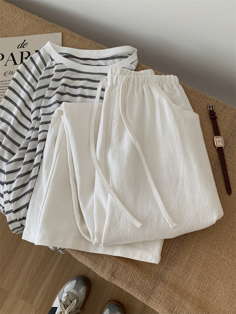 Old Money High Waist White Linen Pants Women Loose Casual Drape Slimming Cotton Linen Wide Leg Floor Length Pants Autumn