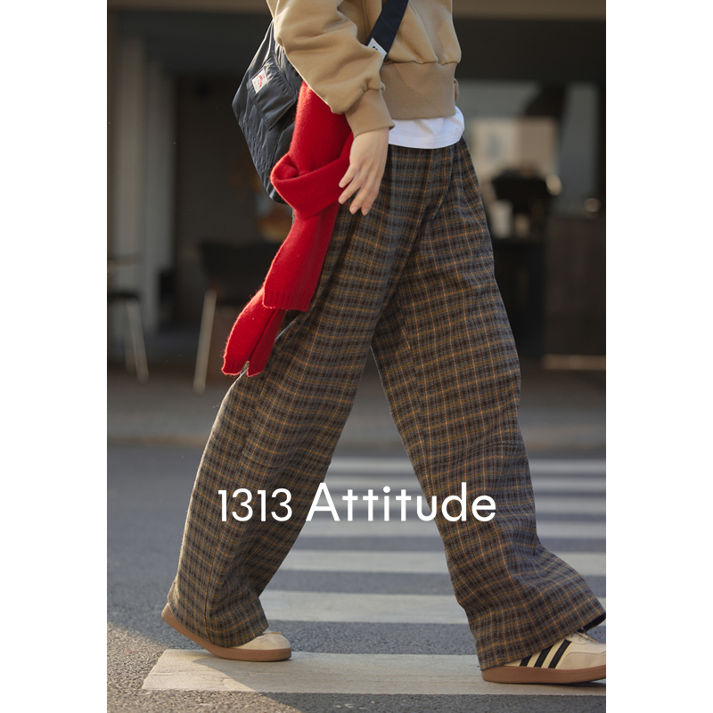 Retro Plaid Wide-Leg Casual Pants for Women Winter Loose Warm Long Trousers