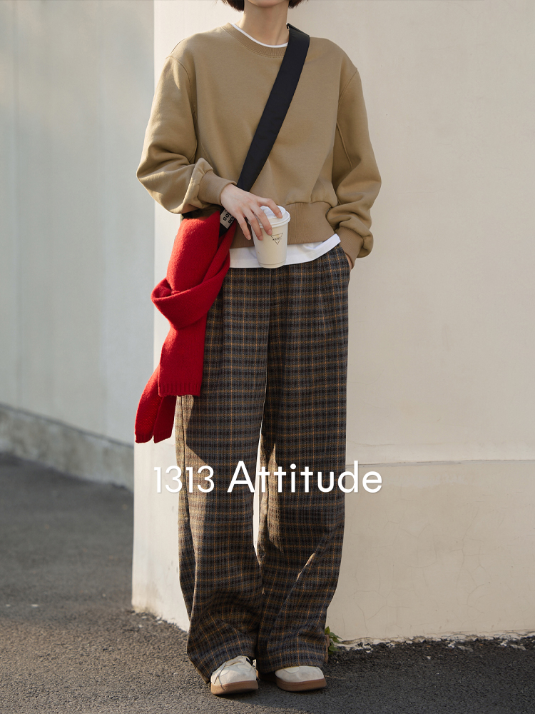 Retro Plaid Wide-Leg Casual Pants for Women Winter Loose Warm Long Trousers - Image 3