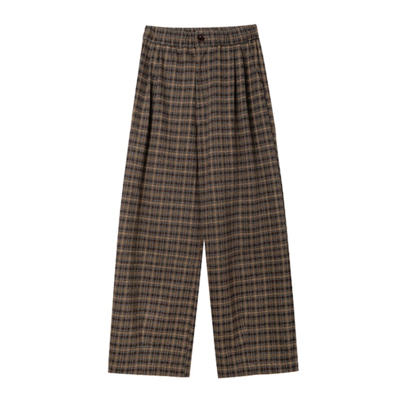 Retro Plaid Wide-Leg Casual Pants for Women Winter Loose Warm Long Trousers - Image 5