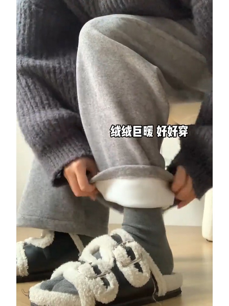 High-End Gray Towel Pants Sweatpants Warm Fleece Straight Slimming Wide-Leg Casual Pants for Women Autumn Winter - Image 3