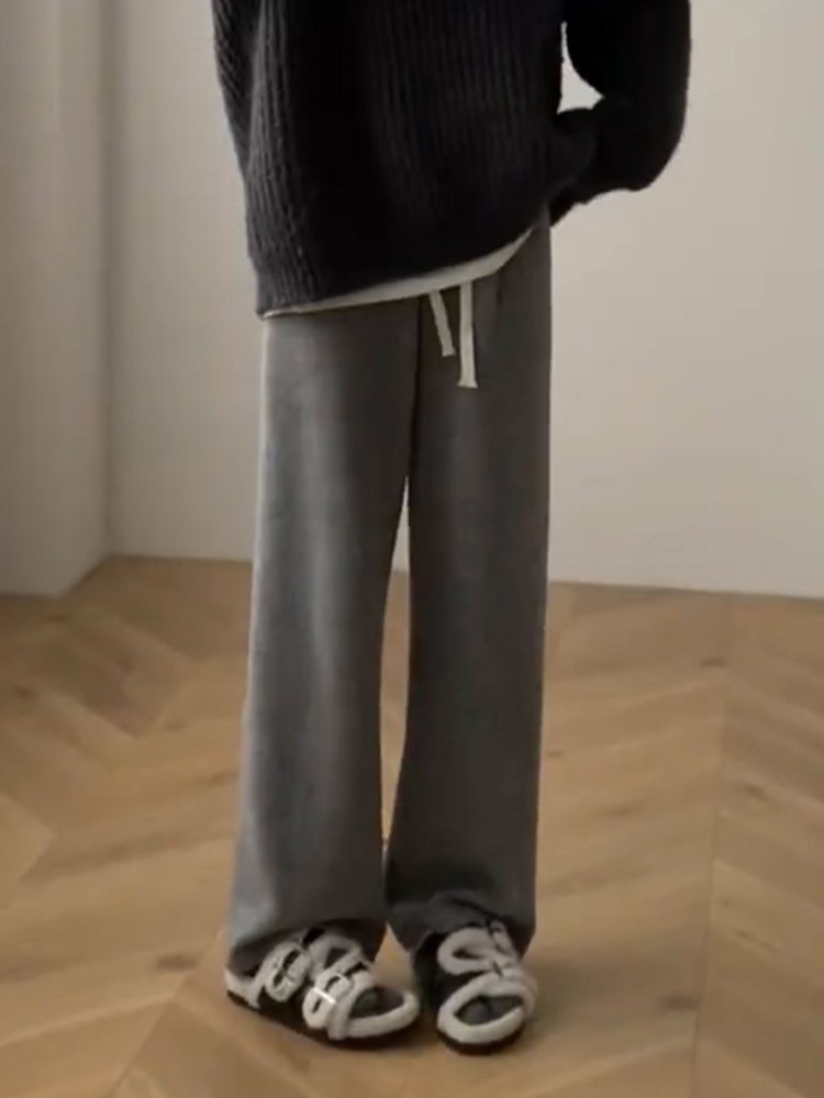 High-End Gray Towel Pants Sweatpants Warm Fleece Straight Slimming Wide-Leg Casual Pants for Women Autumn Winter - Image 4