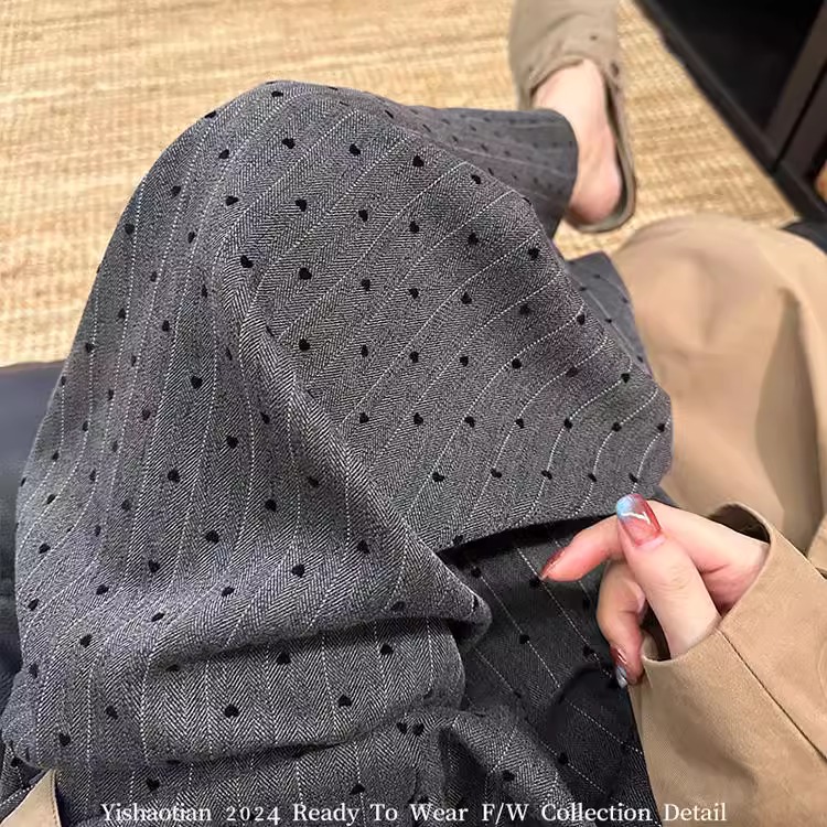 Women's Gray Striped Heart Flocked Wide-Leg Pants 2024 Fall Korean High-Waist Loose Straight Suit Pants