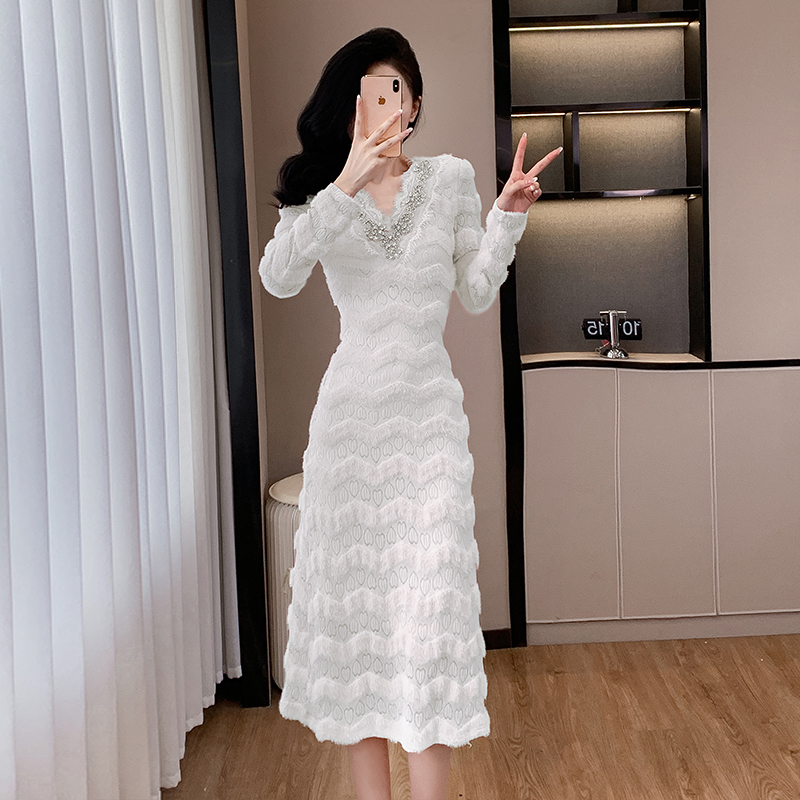 Women's Lace Trim V-Neck Long Sleeve Midi Dress with Studs