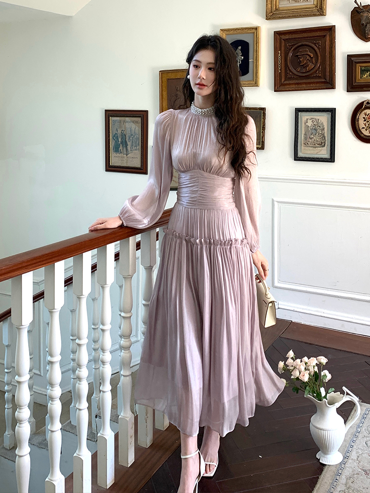 Women's Stand Collar Ruched Waist Long Bubble Sleeve Dress