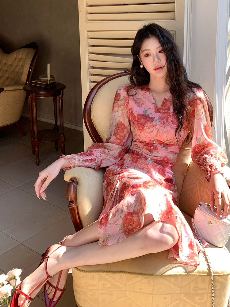 2026 New Elegant Silk Crepe Floral Dress Slimming Youthful