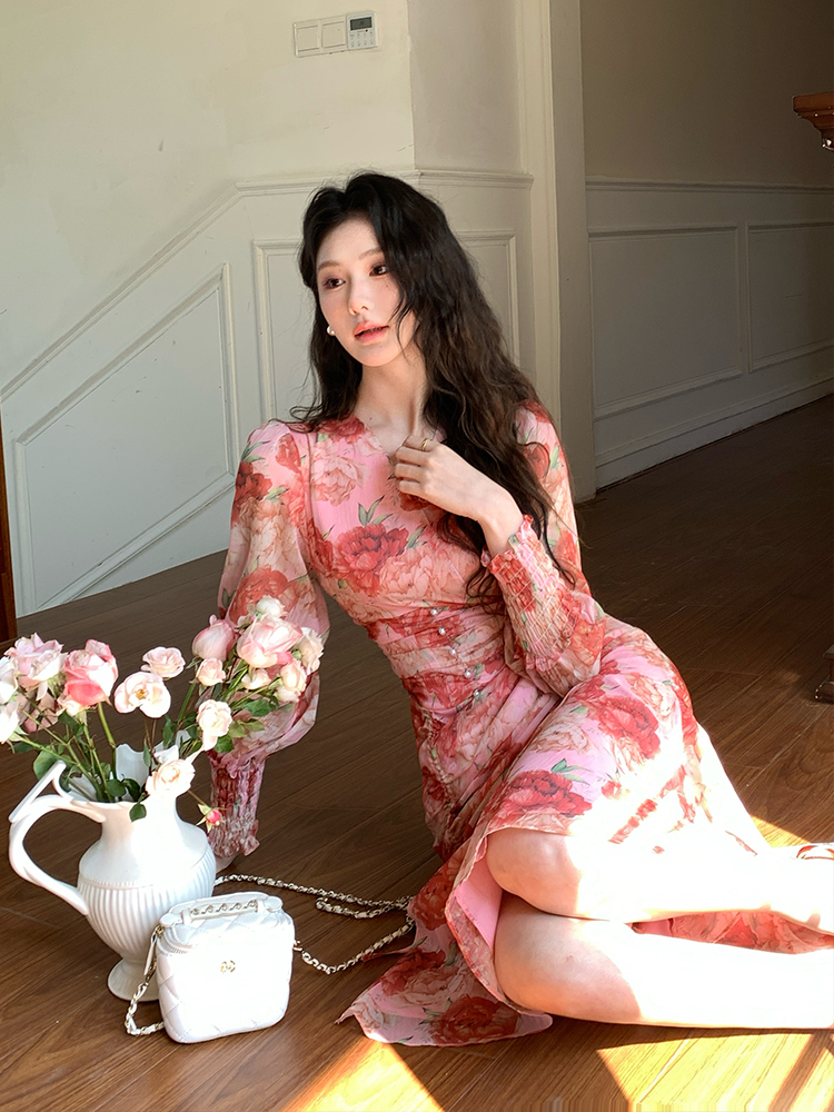 2026 New Elegant Silk Crepe Floral Dress Slimming Youthful - Image 3