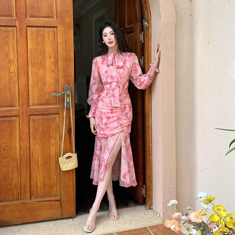 2026 New Silk Chiffon Floral Dress Women Slimming Mermaid Split Waist - Image 4