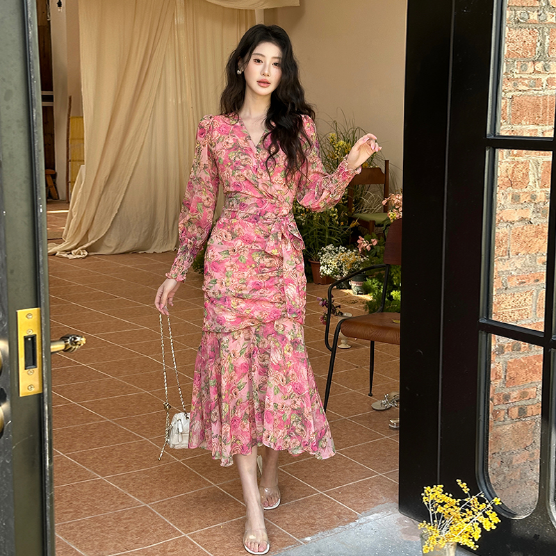 2026 New Silk Chiffon Floral Dress Women Slimming Mermaid Split Waist