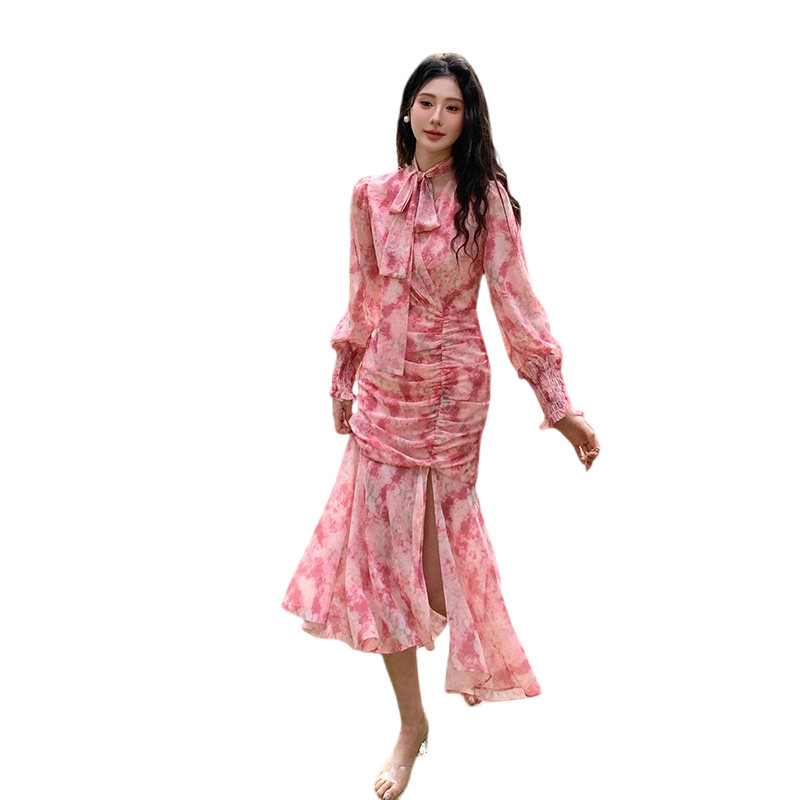 2026 New Silk Chiffon Floral Dress Women Slimming Mermaid Split Waist - Image 5