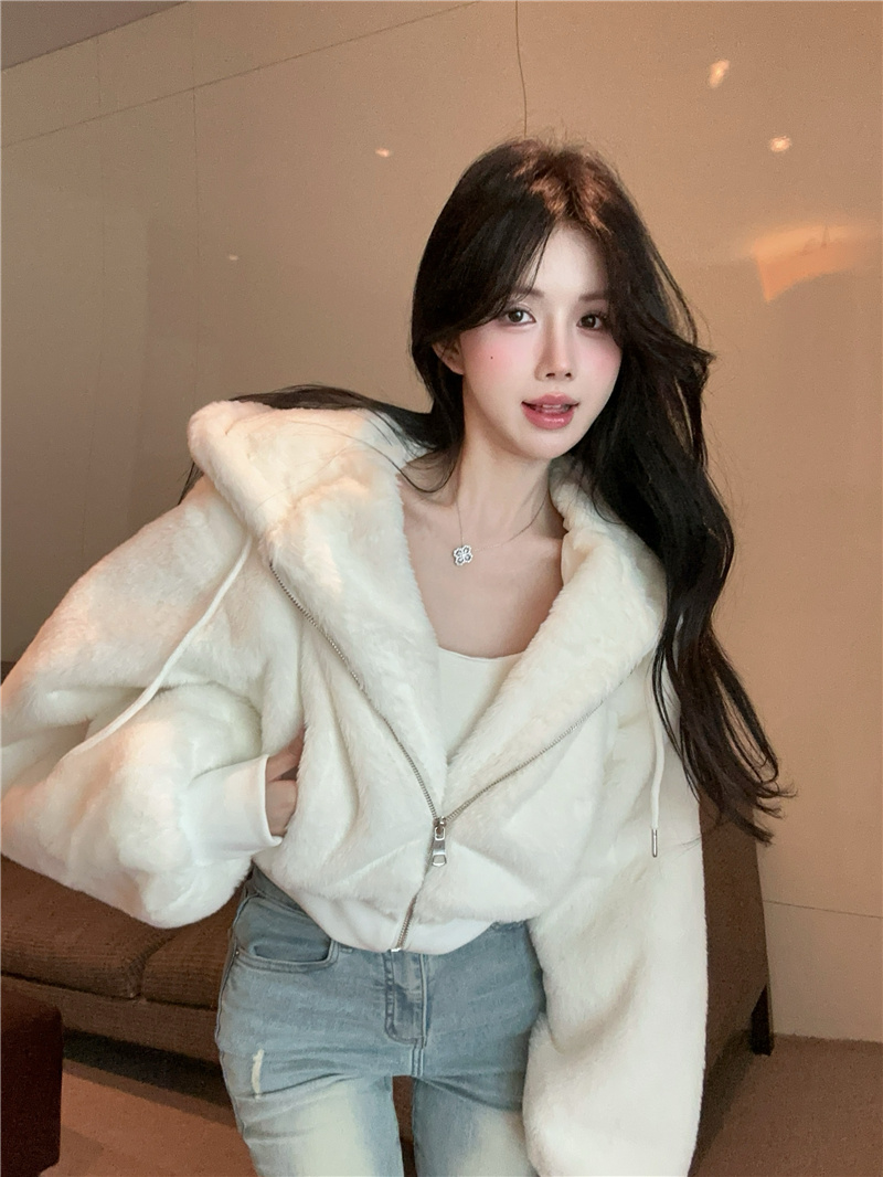 Women's Faux Mink Hooded Short Padded Jacket with Lantern Sleeves