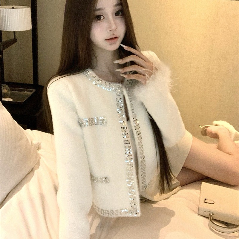 Light Luxury White Wool Blend Thickened Tweed Short Jacket Winter French Style Fuzzy Coat for Women - Image 5