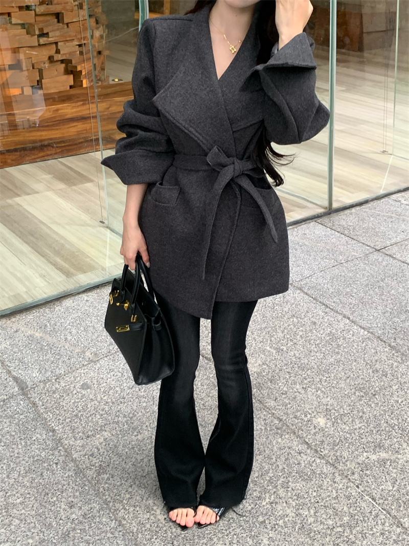 2025 Winter New Elegant Lazy Style Large Lapel Wool Coat Waist Tie Short Coat