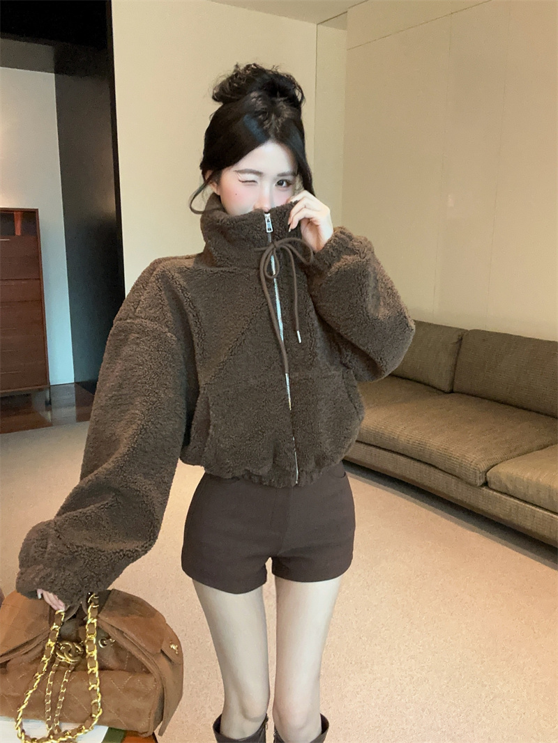 Women's Fleece Zip-Up Short Cardigan Jacket 2025 Winter Loose Fit