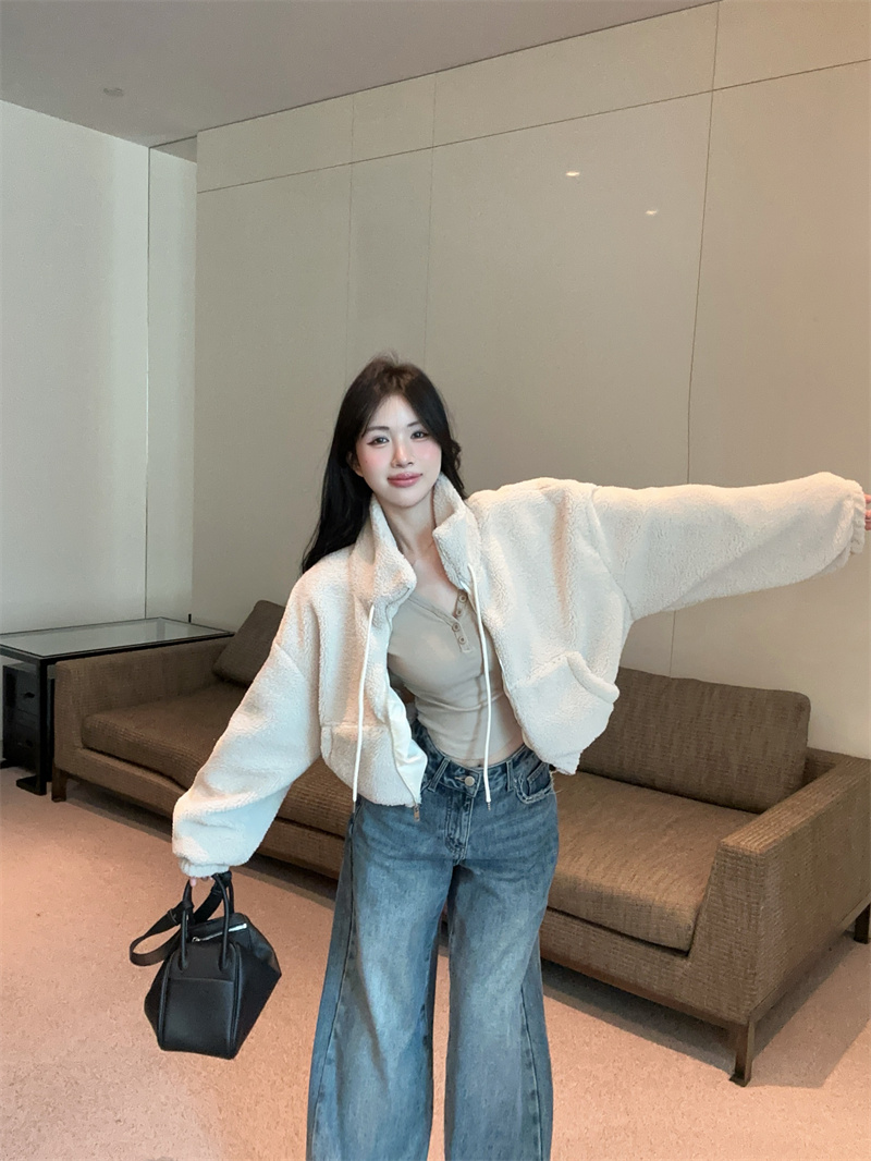 Women's Fleece Zip-Up Short Cardigan Jacket 2025 Winter Loose Fit - Image 4