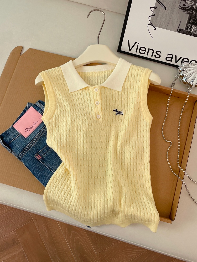 Embroidered Sleeveless Polo Neck Knit Top for Women Summer Preppy Vest - Image 3