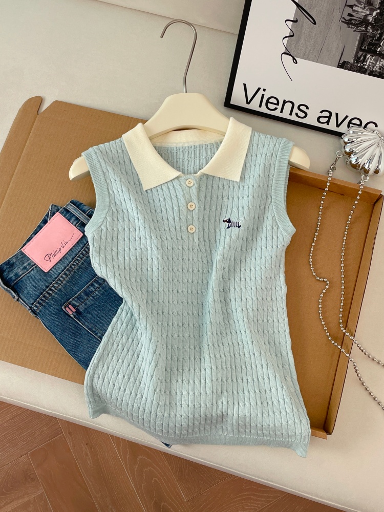 Embroidered Sleeveless Polo Neck Knit Top for Women Summer Preppy Vest