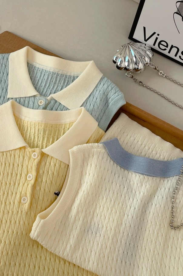Embroidered Sleeveless Polo Neck Knit Top for Women Summer Preppy Vest - Image 5