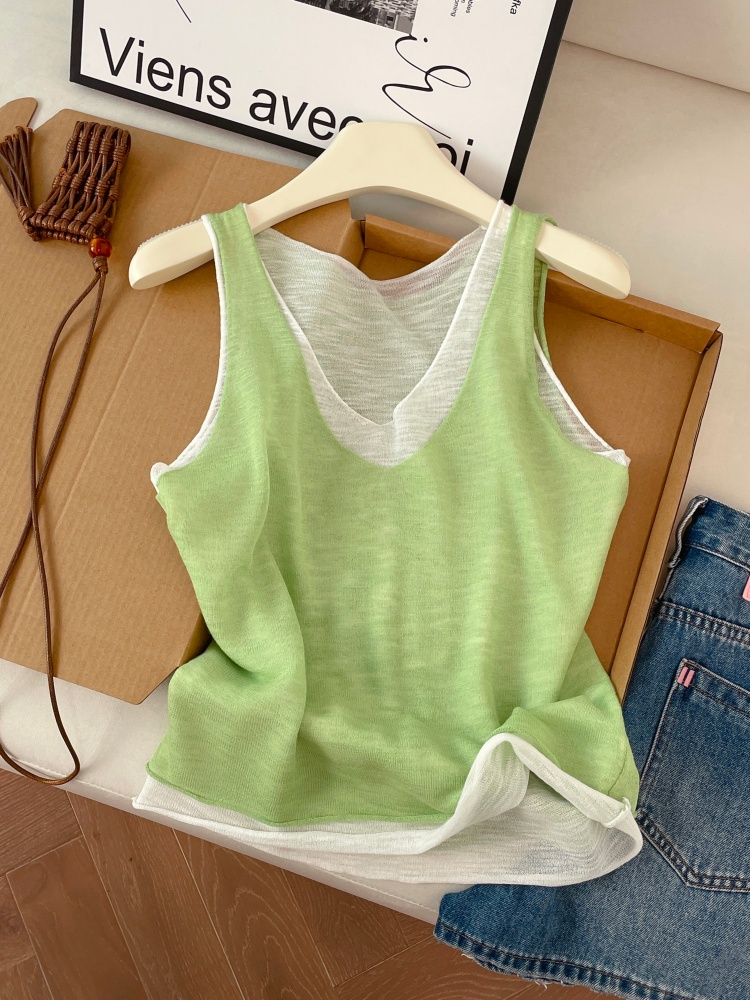 Women's Summer Candy Color Faux Two-Piece Knit Tank Top Soft Loose Sleeveless