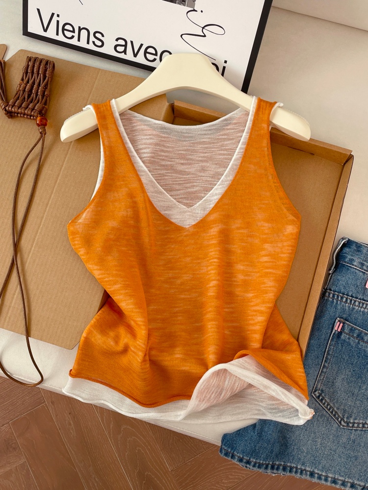 Women's Summer Candy Color Faux Two-Piece Knit Tank Top Soft Loose Sleeveless - Image 3
