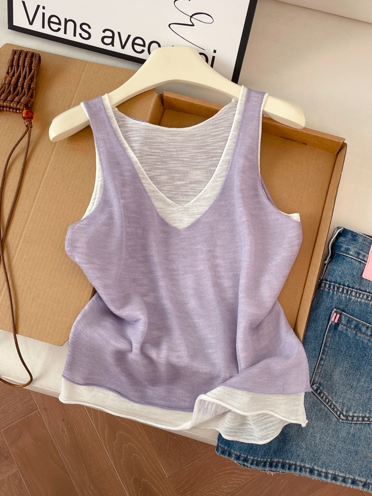 Women's Summer Candy Color Faux Two-Piece Knit Tank Top Soft Loose Sleeveless - Image 4