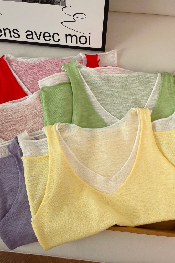 Women's Summer Candy Color Faux Two-Piece Knit Tank Top Soft Loose Sleeveless - Image 5