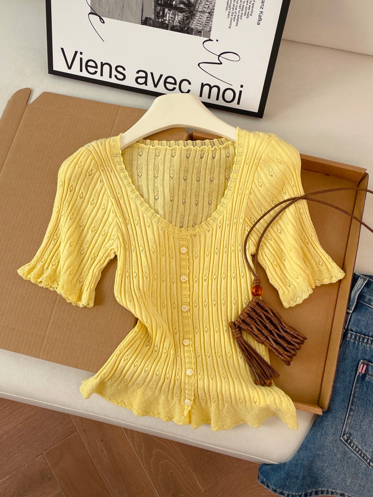 Classic Solid Color Knit Hollow Out Top Women Summer New Soft Comfortable Versatile Short Sleeve