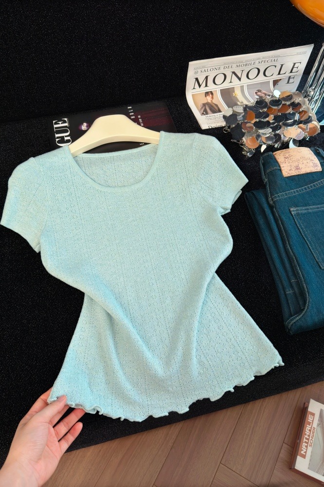 Korean Style White-Looking Knit Short Sleeve Top for Women Summer Petite Wear - Image 5