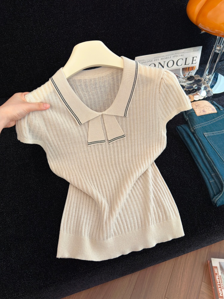 Women's Color Block Knit Short Sleeve Top with Sailor Collar