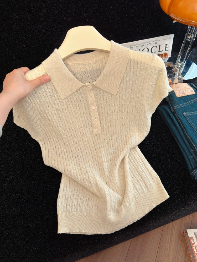 Women's Summer Polo Neck Knit Top Short Sleeve Solid Preppy Style