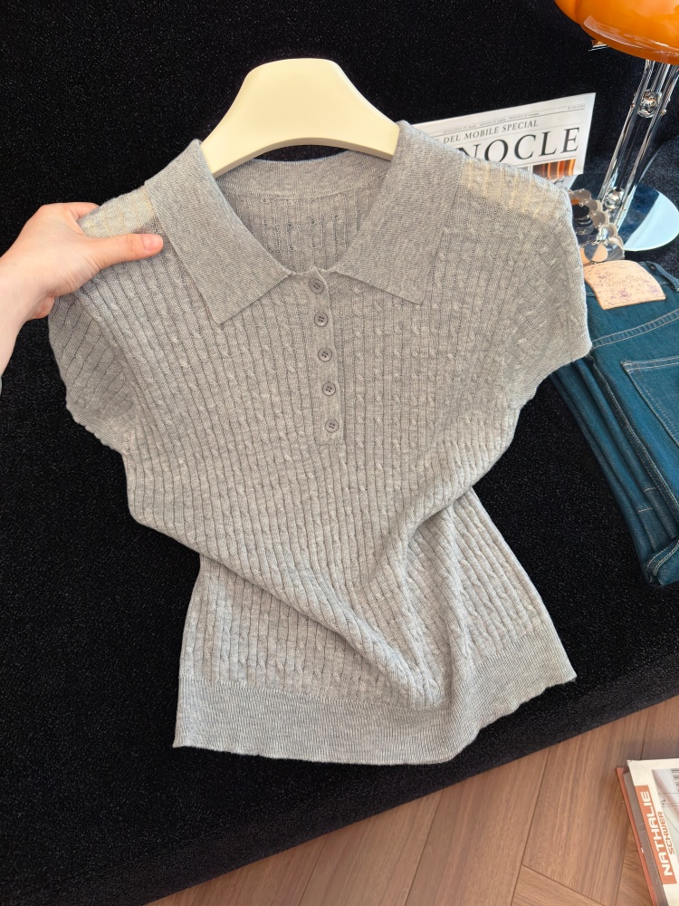 Women's Summer Polo Neck Knit Top Short Sleeve Solid Preppy Style - Image 3