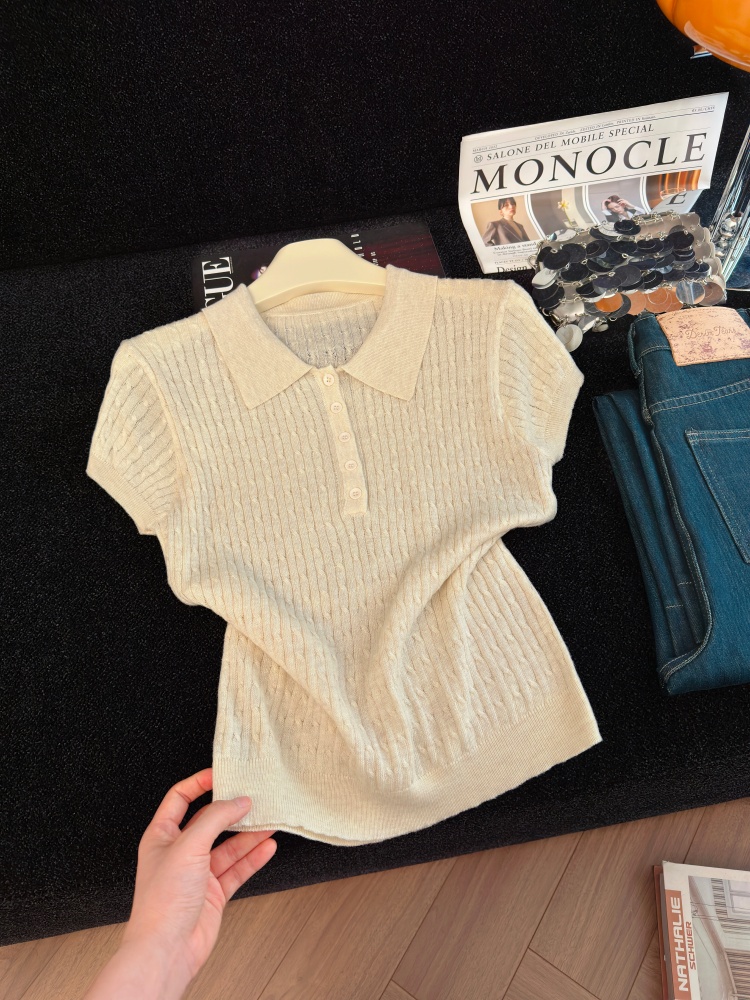 Women's Summer Polo Neck Knit Top Short Sleeve Solid Preppy Style - Image 4