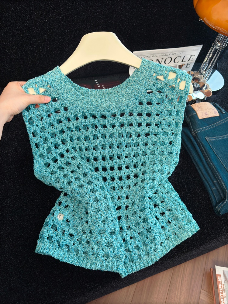 Summer Hollow Out Knit Tank Top Women Sexy Sleeveless Pullover Green