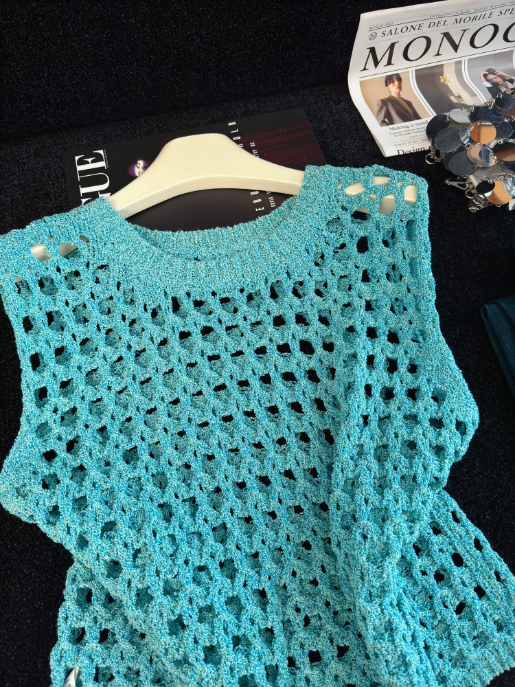 Summer Hollow Out Knit Tank Top Women Sexy Sleeveless Pullover Green - Image 3