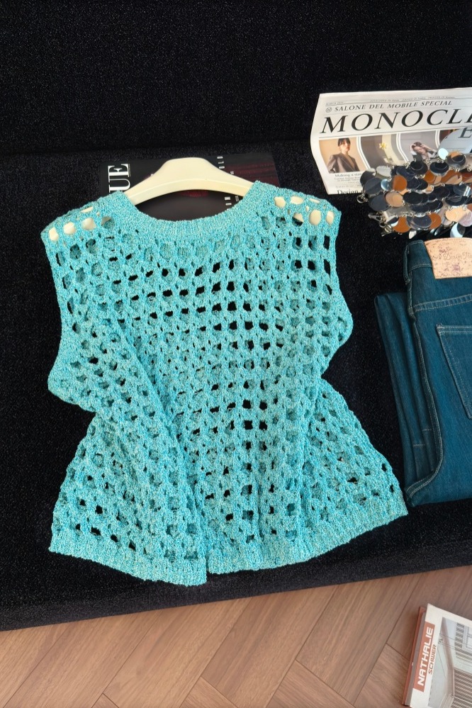 Summer Hollow Out Knit Tank Top Women Sexy Sleeveless Pullover Green - Image 5