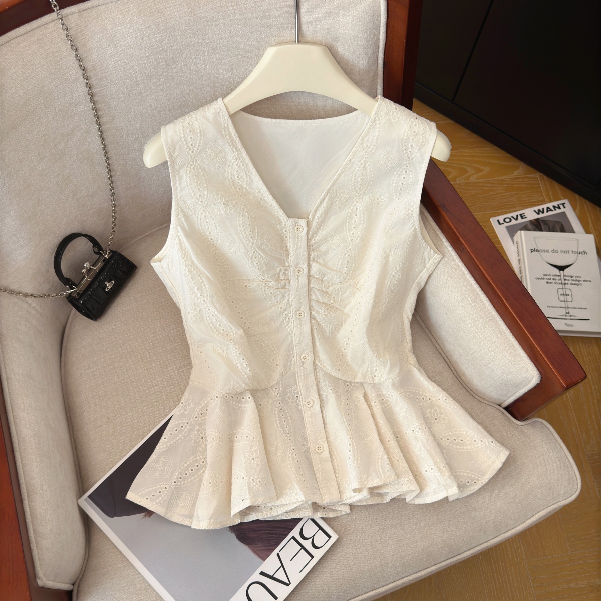 Women's Sleeveless Jacquard Ruffle Hem Shirt Summer Loose Fit