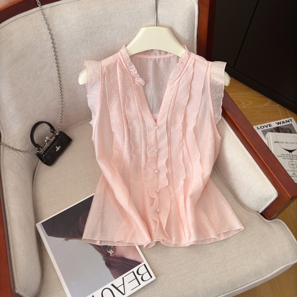 Pink Ruffle Sleeveless V-Neck Shirt for Women Summer Loose Fit