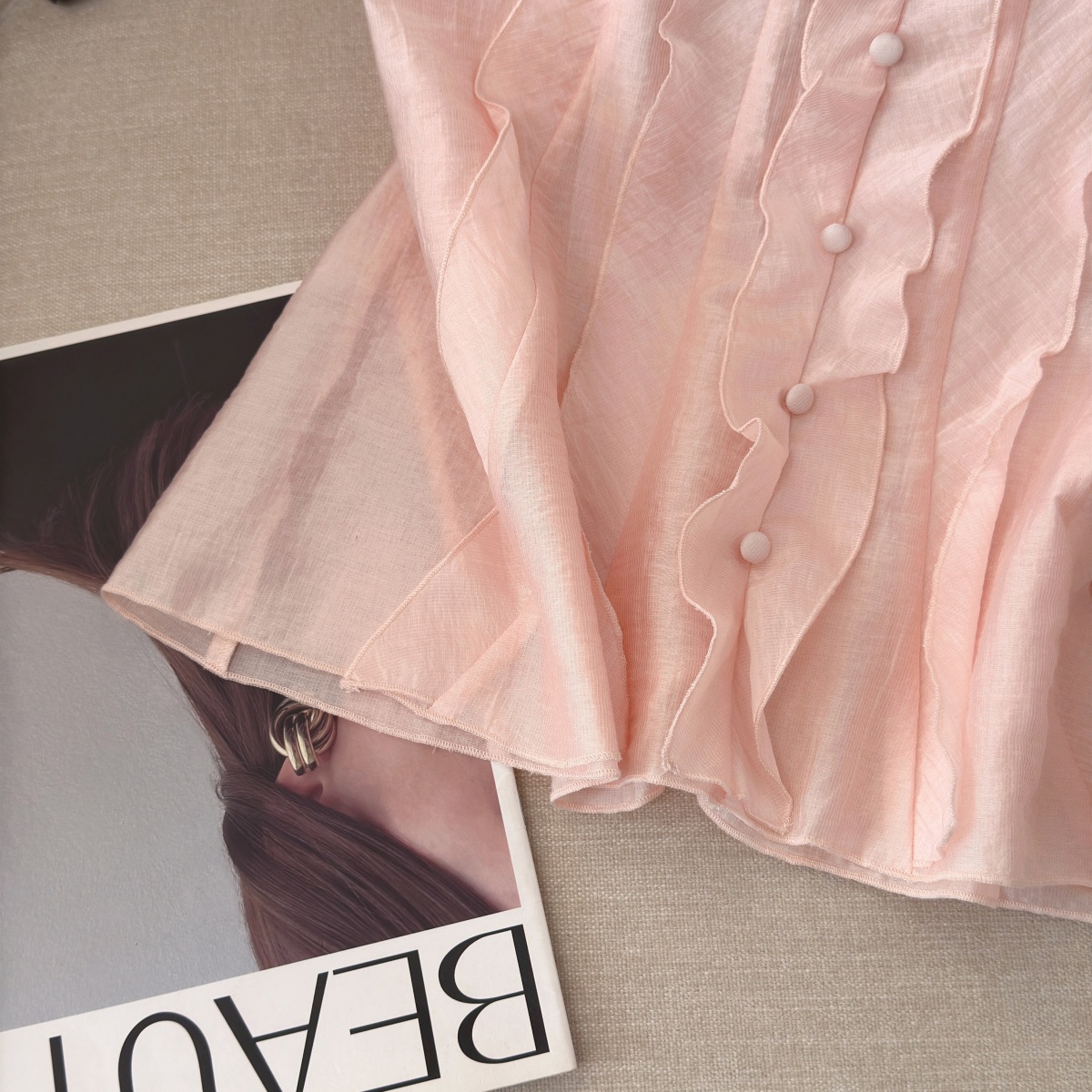 Pink Ruffle Sleeveless V-Neck Shirt for Women Summer Loose Fit - Image 4