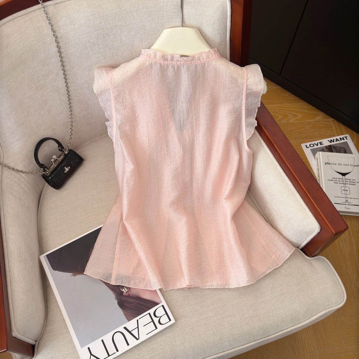 Pink Ruffle Sleeveless V-Neck Shirt for Women Summer Loose Fit - Image 5