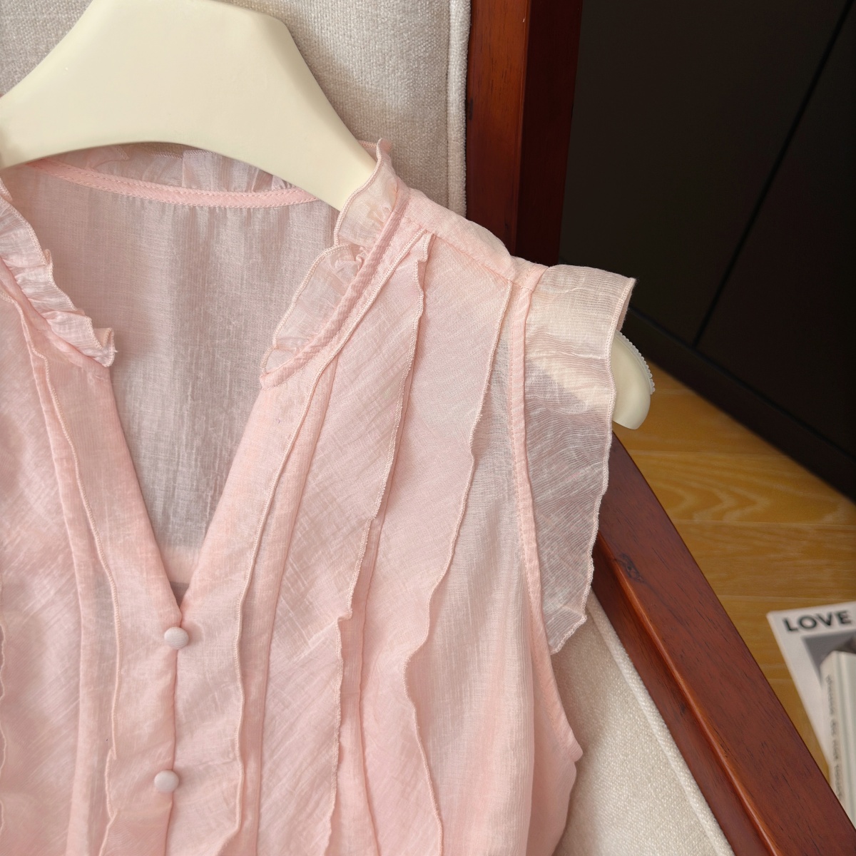 Pink Ruffle Sleeveless V-Neck Shirt for Women Summer Loose Fit - Image 3