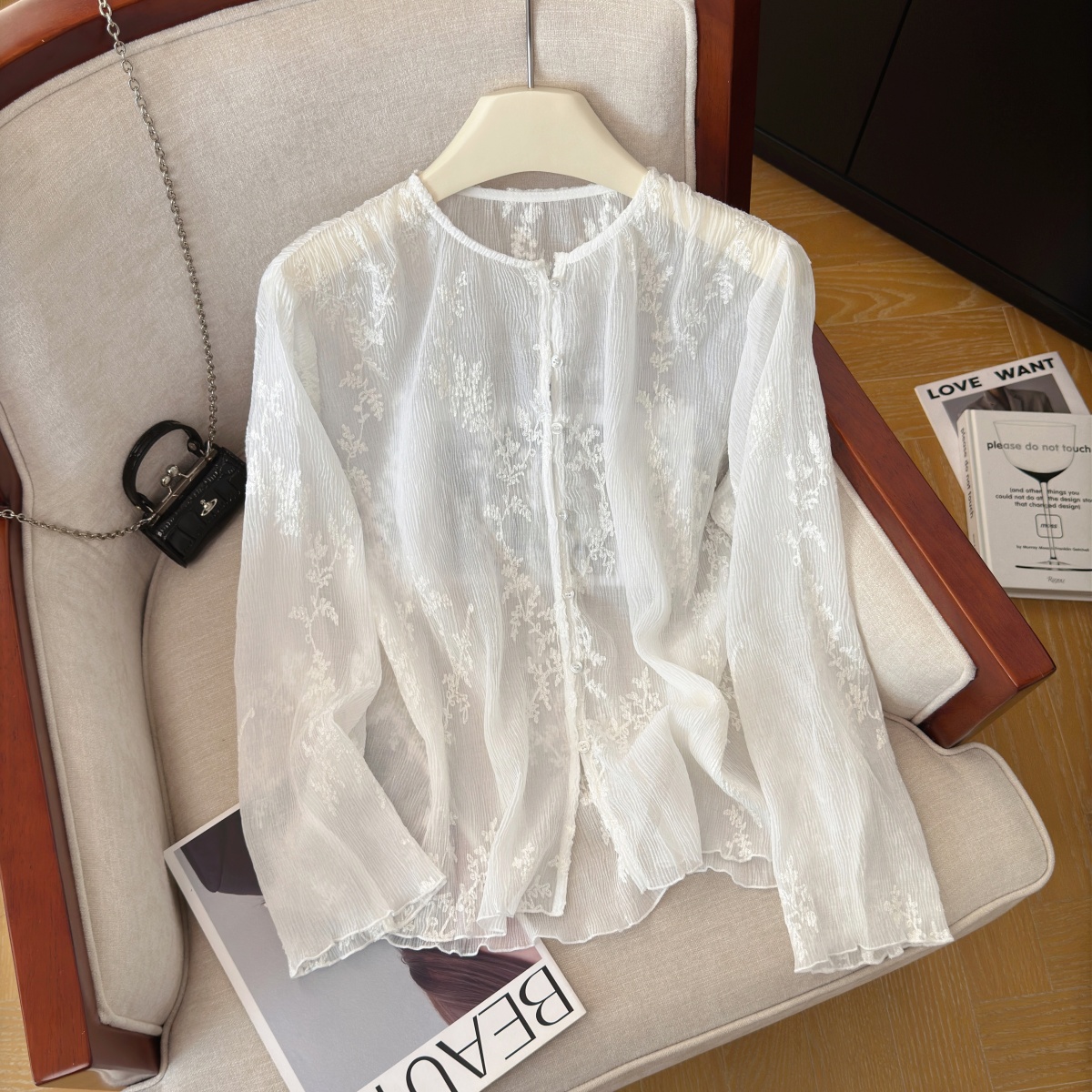 Women's Summer Floral Jacquard Shirt Long Sleeve Loose Fit Sun Protection Top