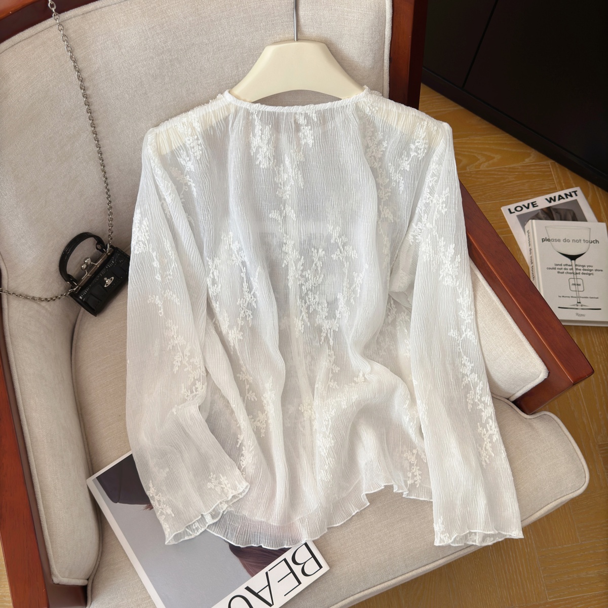 Women's Summer Floral Jacquard Shirt Long Sleeve Loose Fit Sun Protection Top - Image 5
