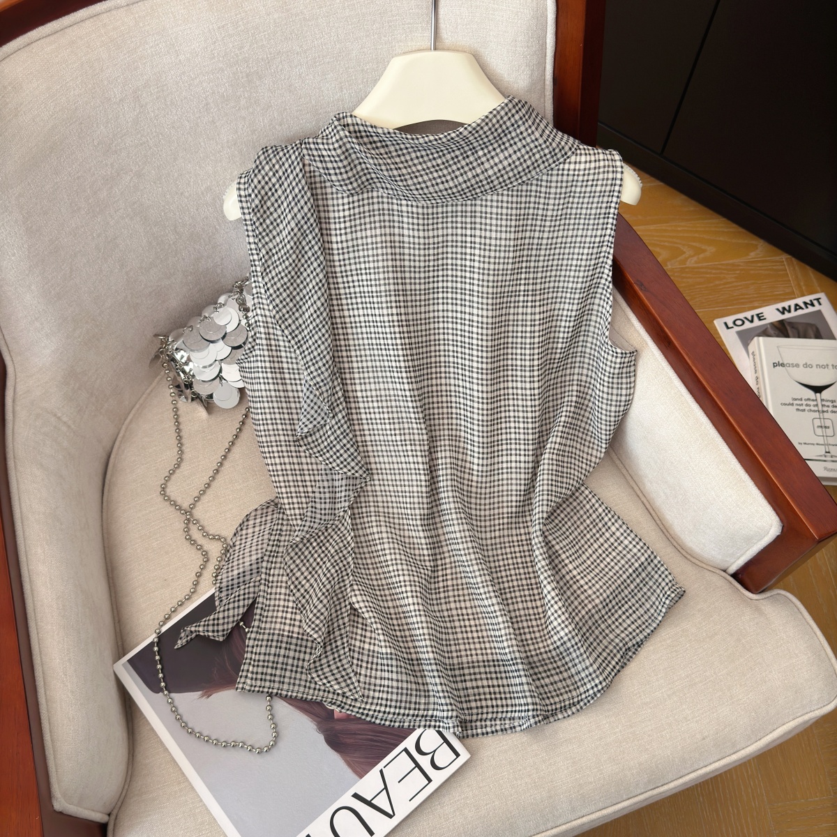Women's Sleeveless Plaid Shirt with Ribbon Accent Summer 2026 Loose Fit - Image 5